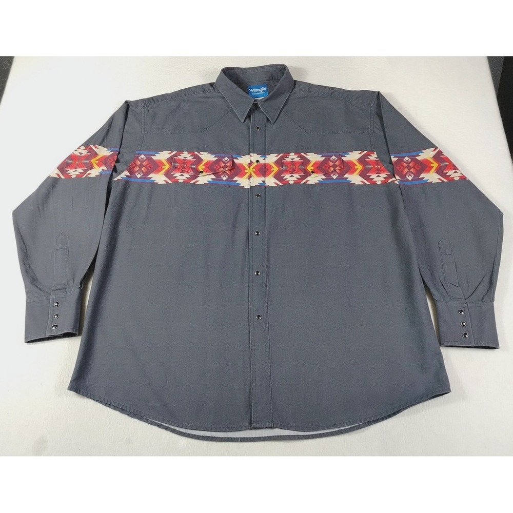 Vintage 90s Wrangler Brushpopper Shirt Mens 2XL Black Western‎ Pearl Snap Aztec
